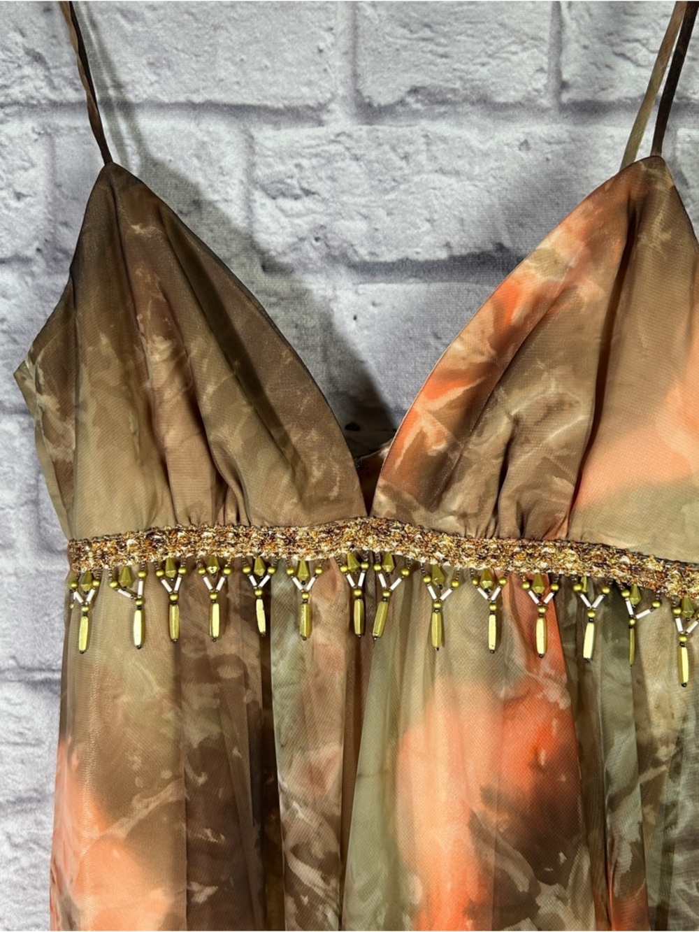 ABS Allen Schwartz‎ Olive & Coral Asymmetrical Slip Dress w/Gold Trim Sz 6 A801 - Picture 3 of 8